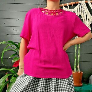 vtg 90s hot pink embroidered detail boho short‎ sleeve rayon shirt large blouse